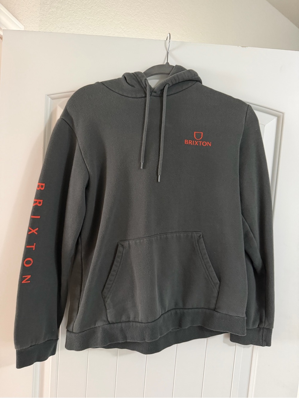 Brixton Charcoal Hoodie with Red Logo and Sleeve Text